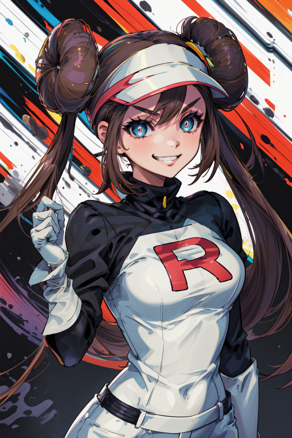 00742-1096391041-masterpiece,best quality,1girl,ro1,hair bun,blue eyes,twintails,visor cap,grin,TMRckt,team rocket,team rocket uniform,((clothes.png